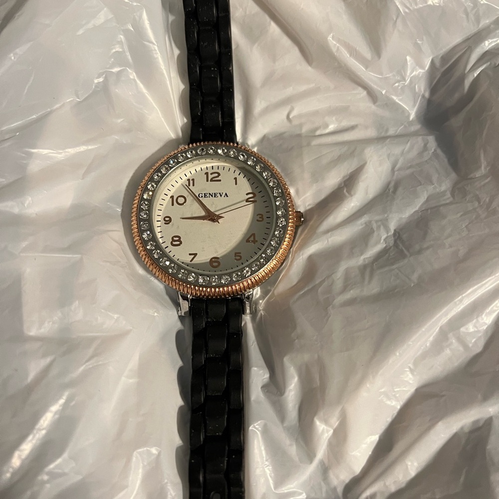 Geneva Black and Silver Watch with Crystal Bezel